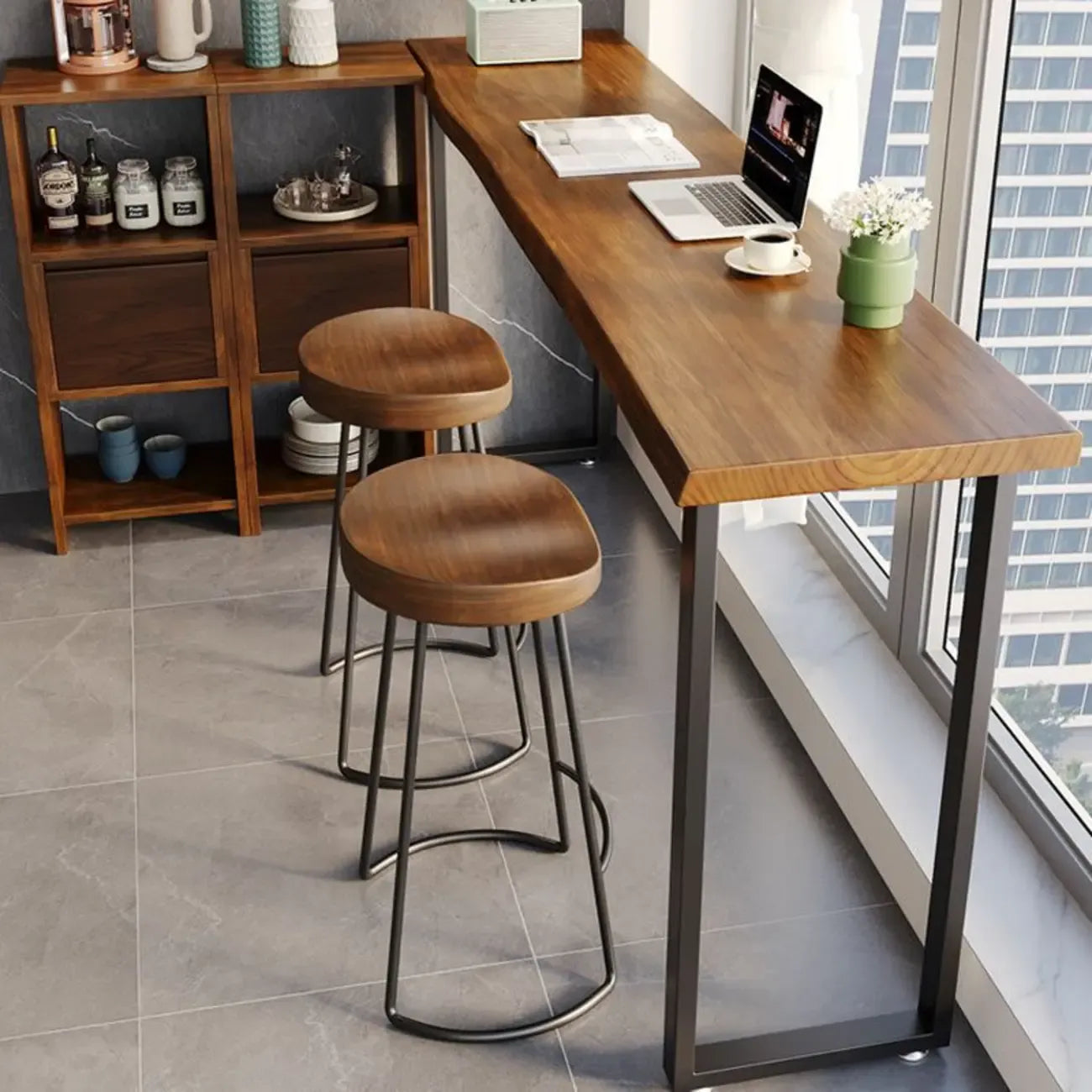 Table de bar rectangulaire moderne avec plateau en bois brun et piètement en métal