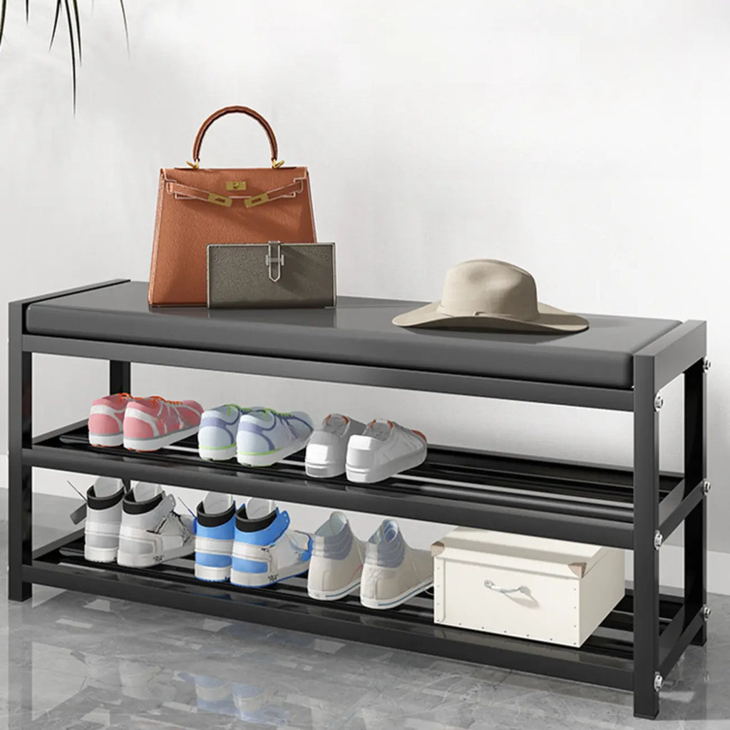 Banc d'entrée en métal noir avec rangement à chaussures et coussin