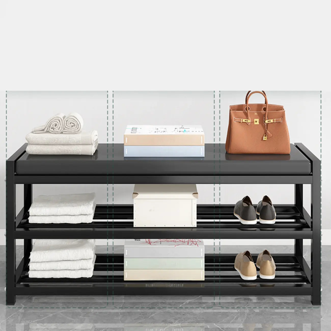 Banc d'entrée en métal noir avec rangement à chaussures et coussin
