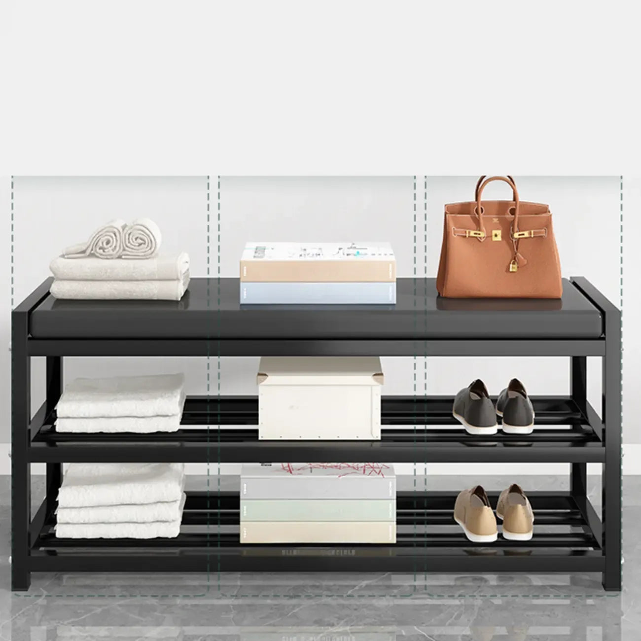 Banc d'entrée en métal noir avec rangement à chaussures et coussin