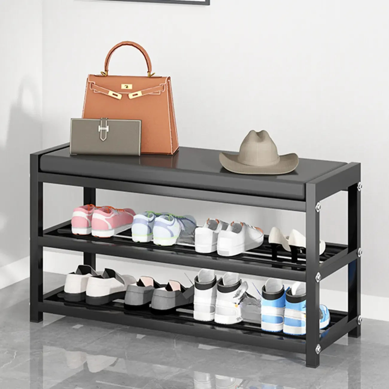 Banc d'entrée en métal noir avec rangement à chaussures et coussin