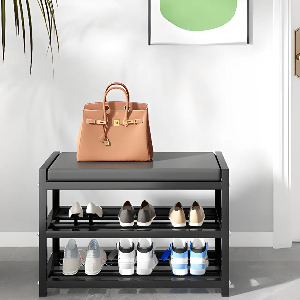 Banc d'entrée en métal noir avec rangement à chaussures et coussin