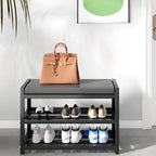 Banc d'entrée en métal noir avec rangement à chaussures et coussin