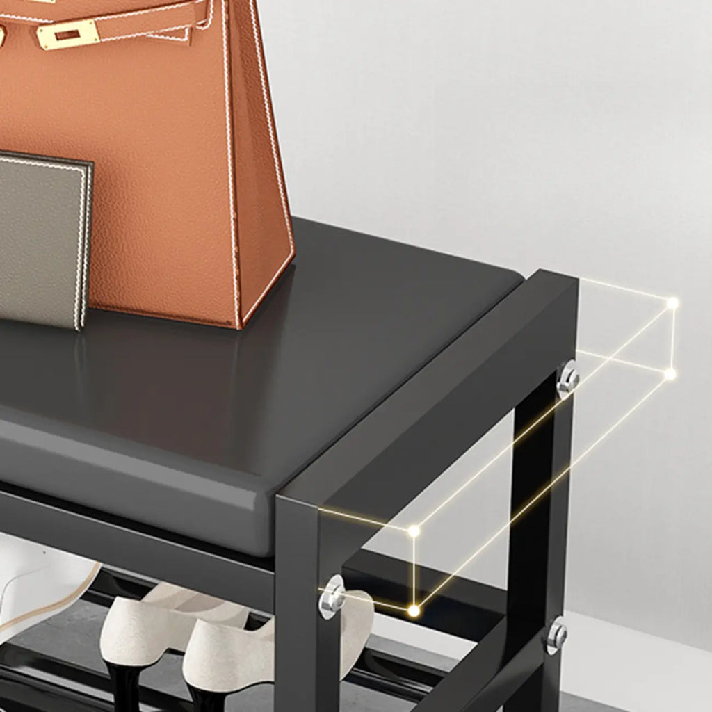 Banc d'entrée en métal noir avec rangement à chaussures et coussin