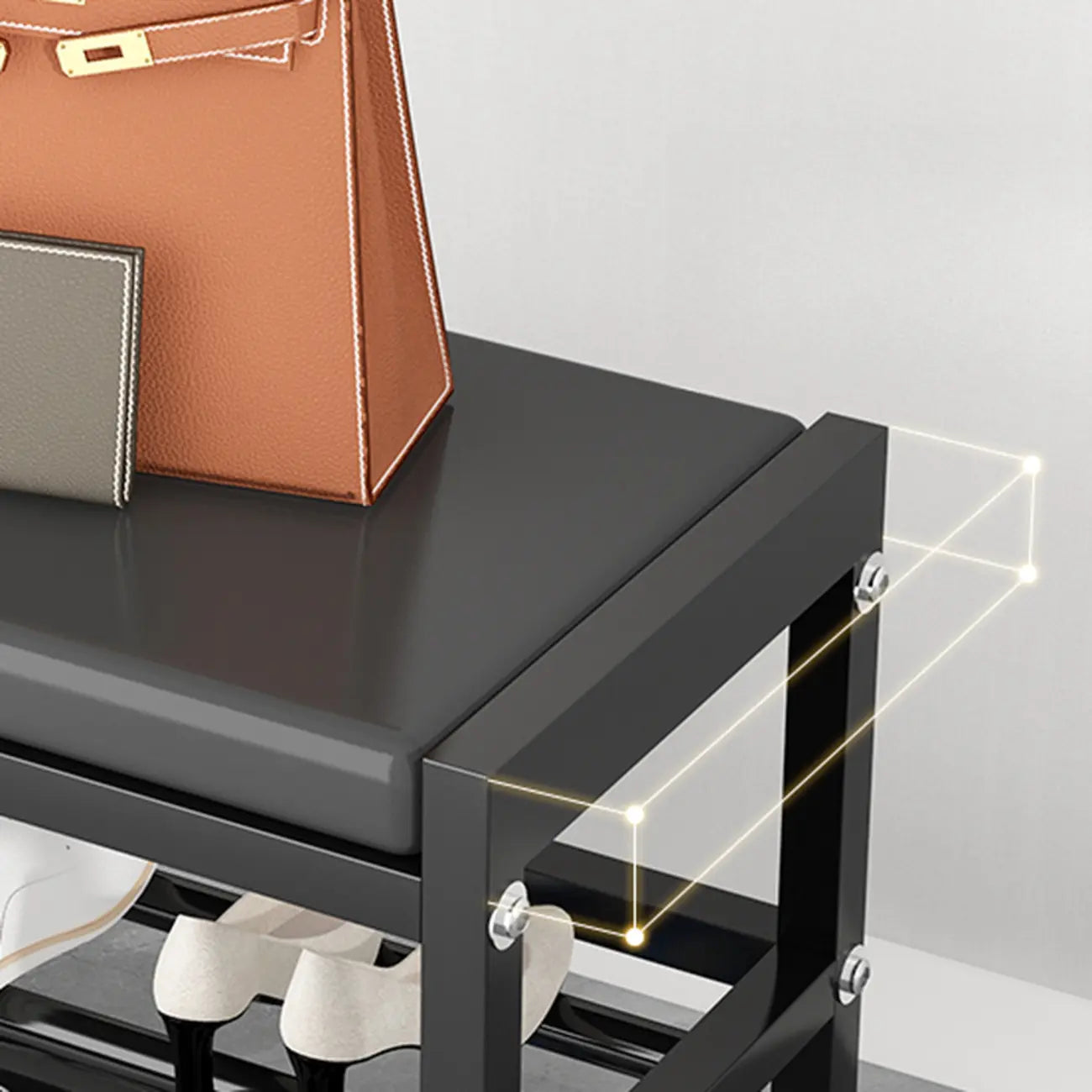 Banc d'entrée en métal noir avec rangement à chaussures et coussin