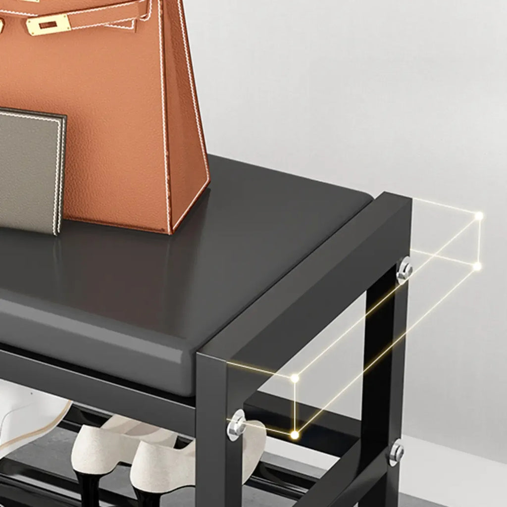 Banc d'entrée en métal noir avec rangement à chaussures et coussin