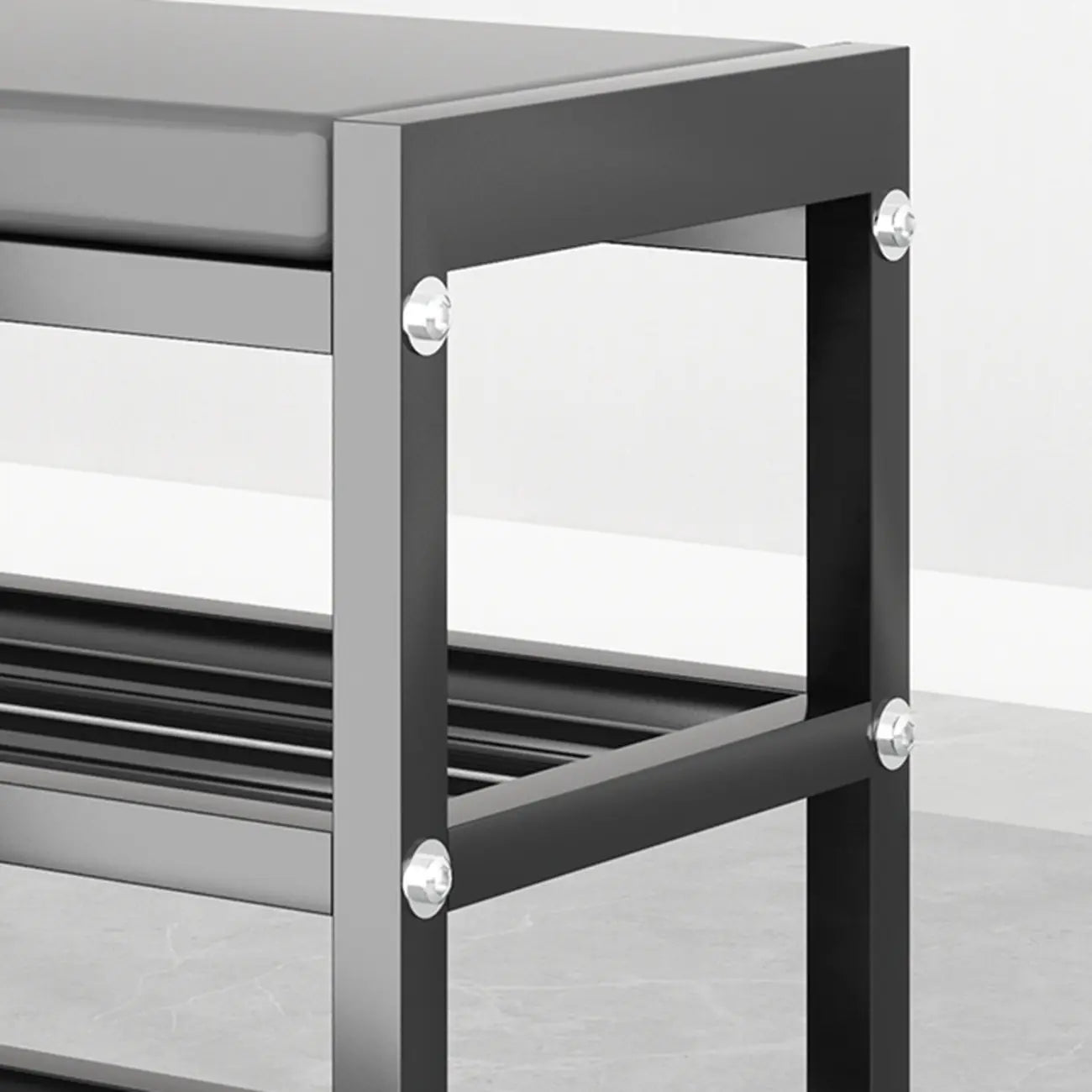 Banc d'entrée en métal noir avec rangement à chaussures et coussin