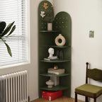 Vitrine d'angle en bois vert avocat pour rangement et présentation d'œuvres d'art