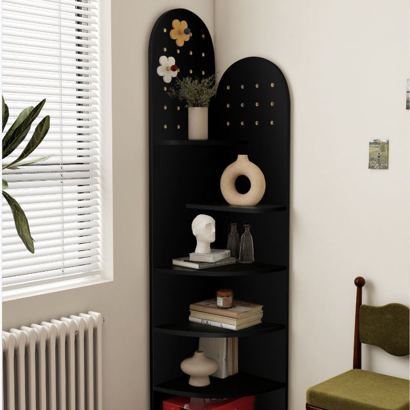 Vitrine d'angle en bois vert avocat pour rangement et présentation d'œuvres d'art