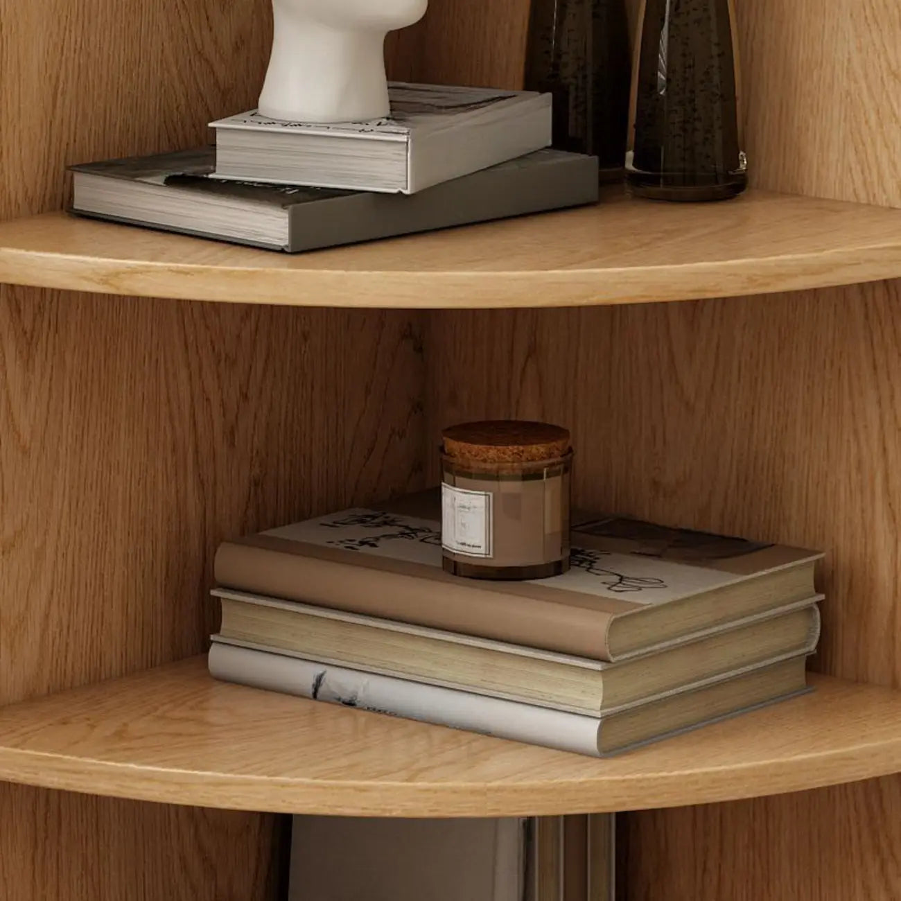 Vitrine d'angle en bois vert avocat pour rangement et présentation d'œuvres d'art