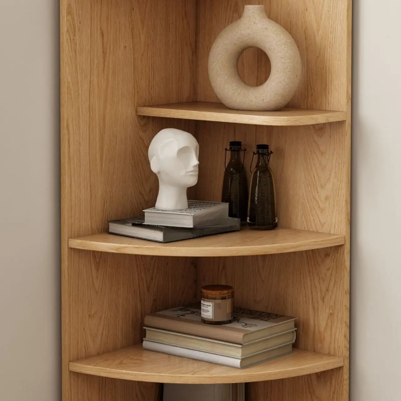 Vitrine d'angle en bois vert avocat pour rangement et présentation d'œuvres d'art