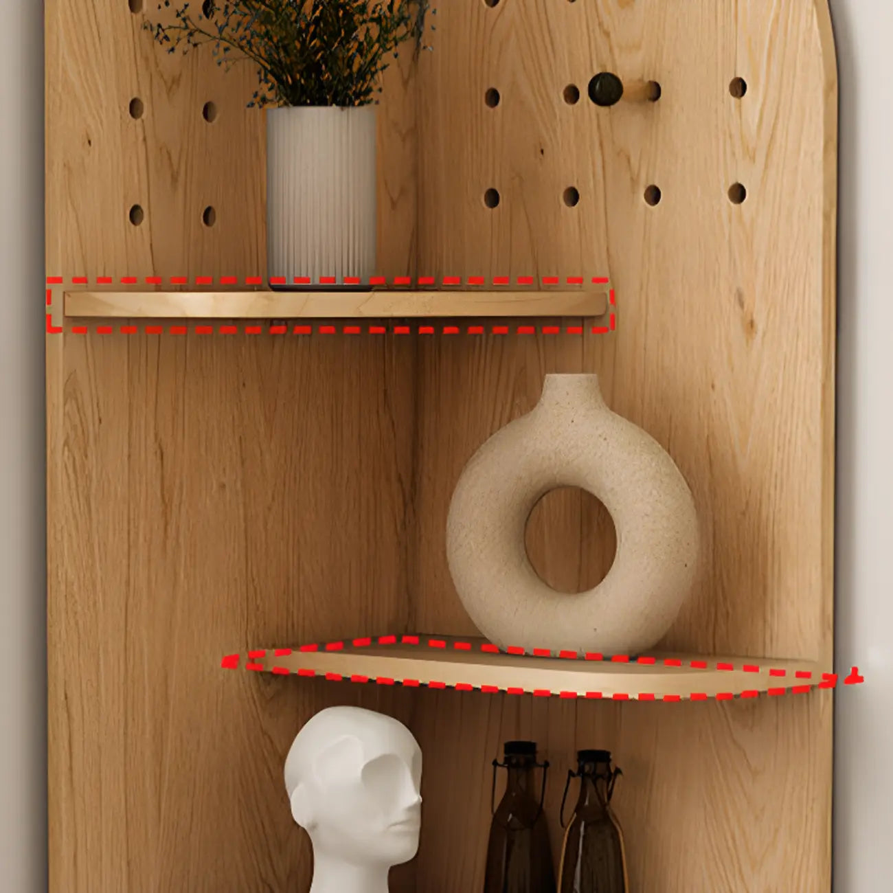 Vitrine d'angle en bois vert avocat pour rangement et présentation d'œuvres d'art