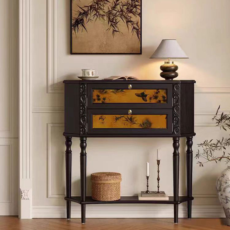 Console en bois noir à 2 tiroirs avec étagère basse