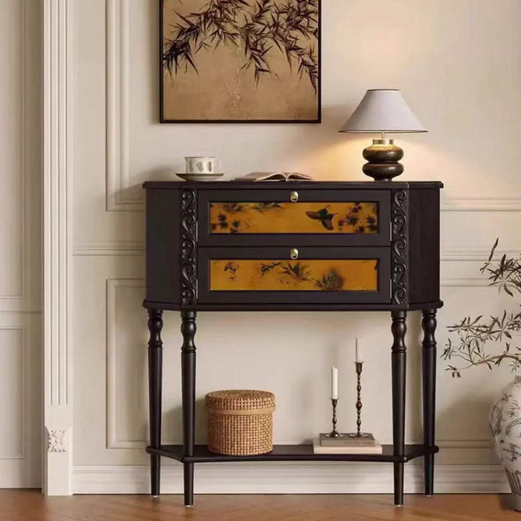 Console en bois noir à 2 tiroirs avec étagère basse