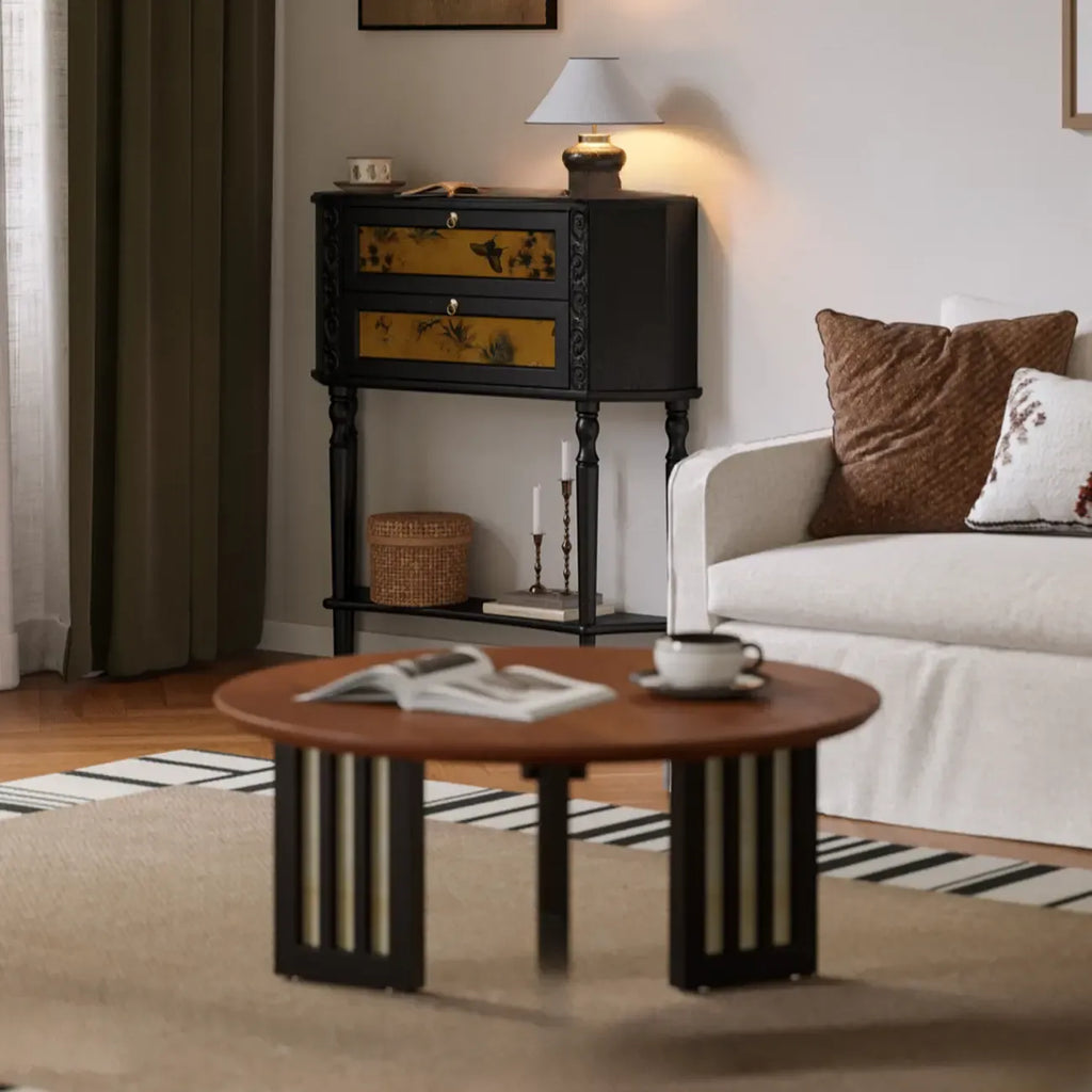 Console en bois noir à 2 tiroirs avec étagère basse