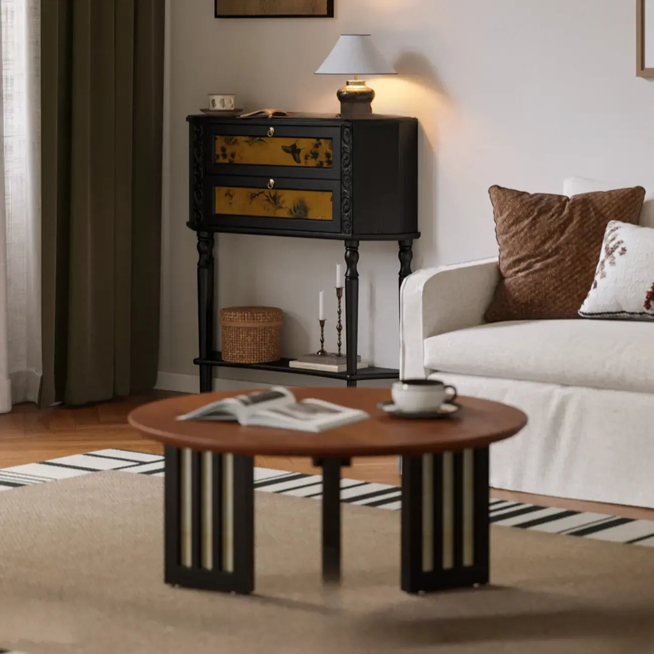 Console en bois noir à 2 tiroirs avec étagère basse