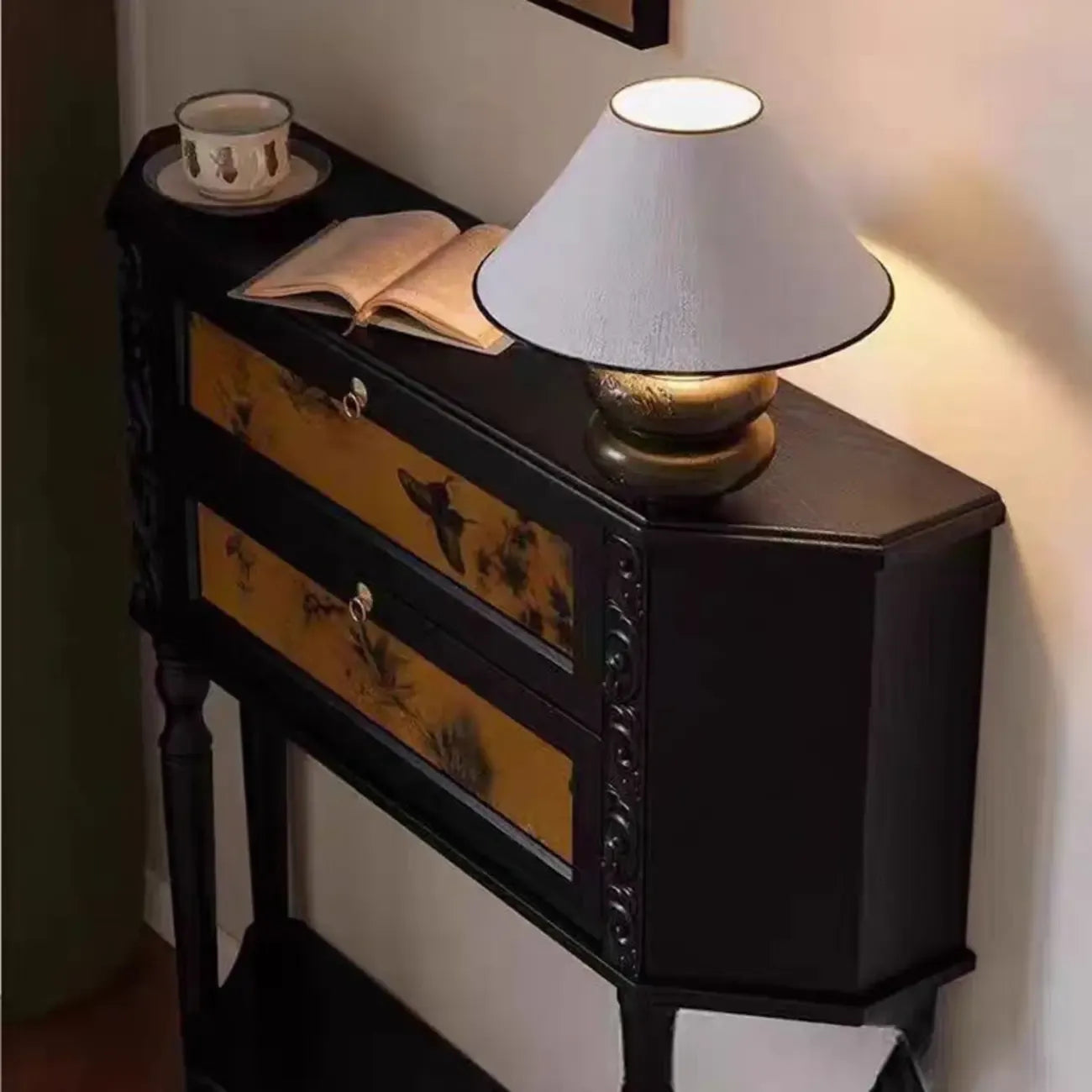 Console en bois noir à 2 tiroirs avec étagère basse