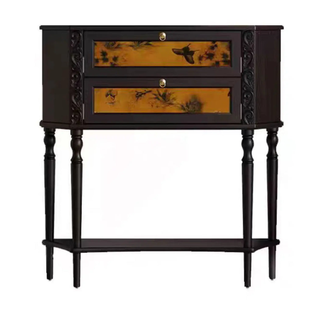 Console en bois noir à 2 tiroirs avec étagère basse