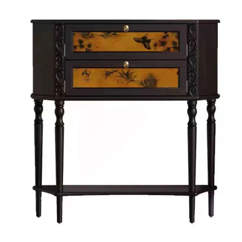 Console en bois noir à 2 tiroirs avec étagère basse