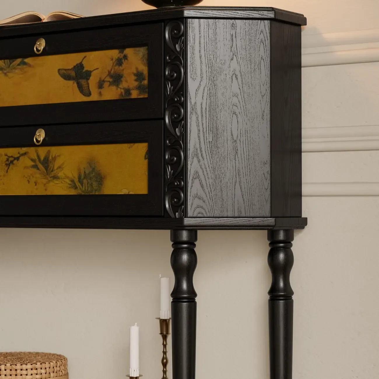 Console en bois noir à 2 tiroirs avec étagère basse