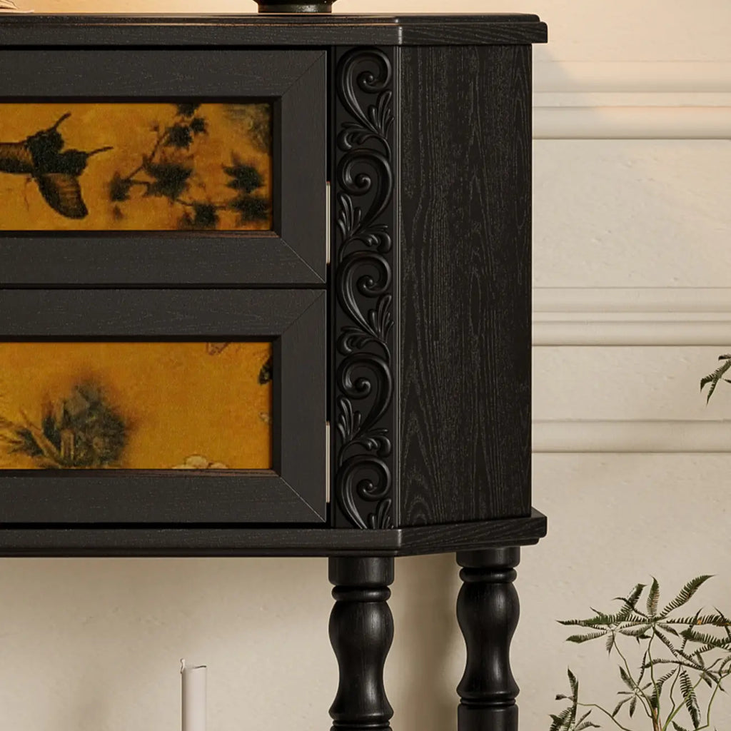 Console en bois noir à 2 tiroirs avec étagère basse
