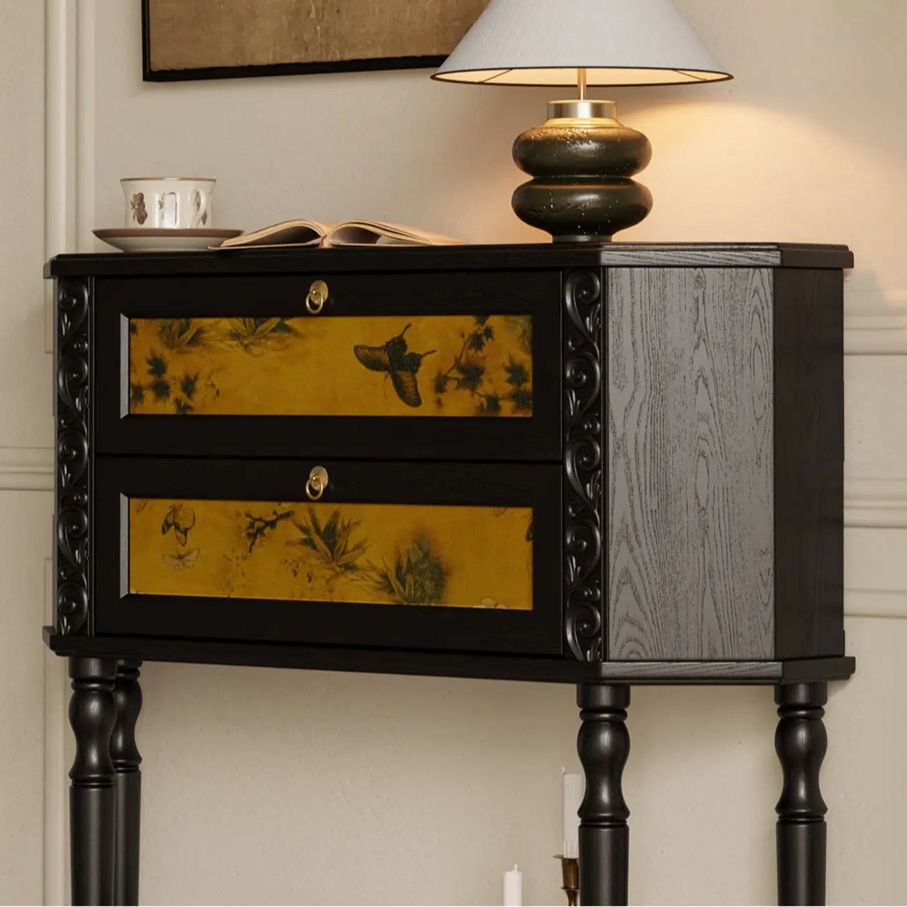 Console en bois noir à 2 tiroirs avec étagère basse