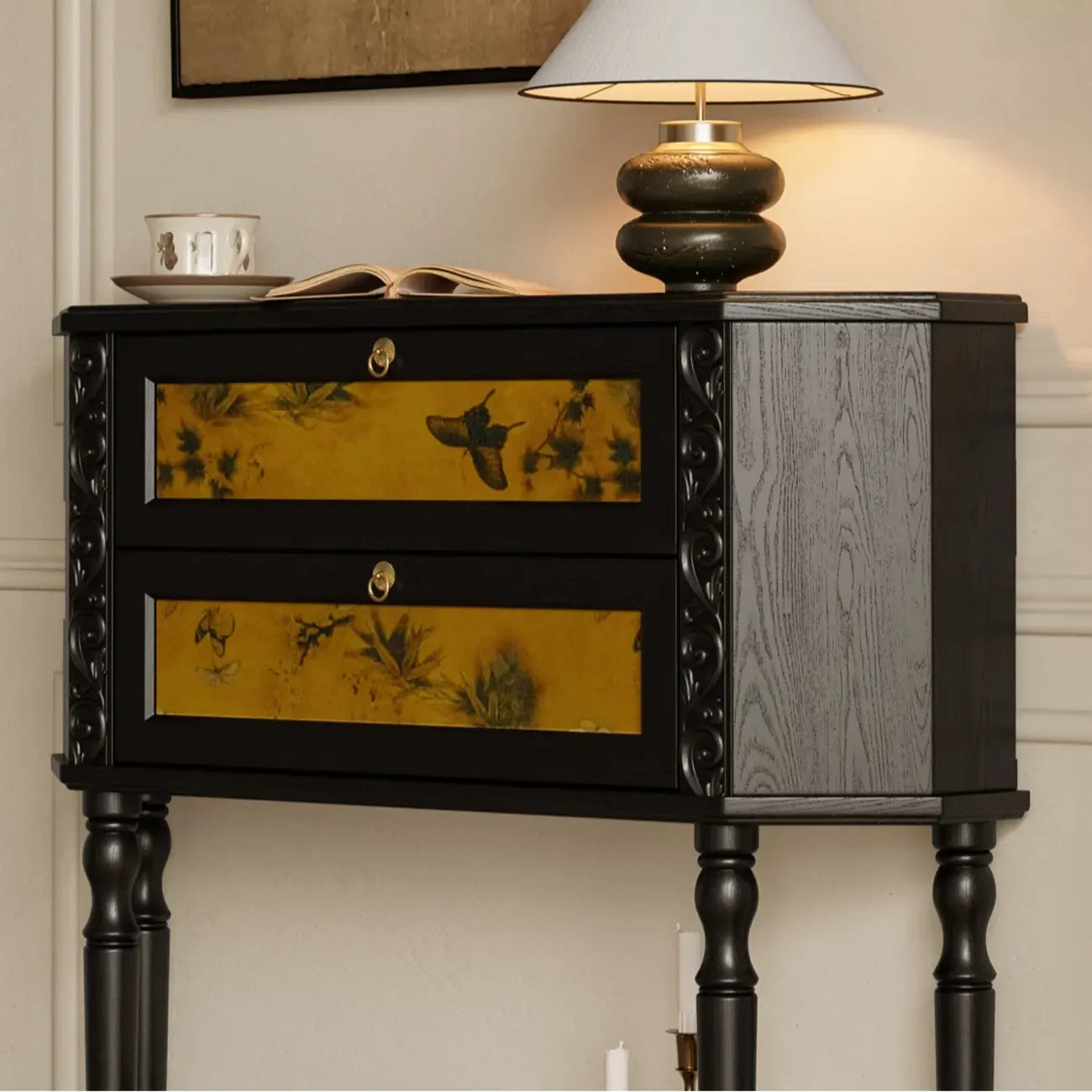 Console en bois noir à 2 tiroirs avec étagère basse