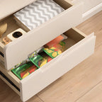 Meuble TV minimaliste en bois blanc avec rangements ouverts et tiroirs