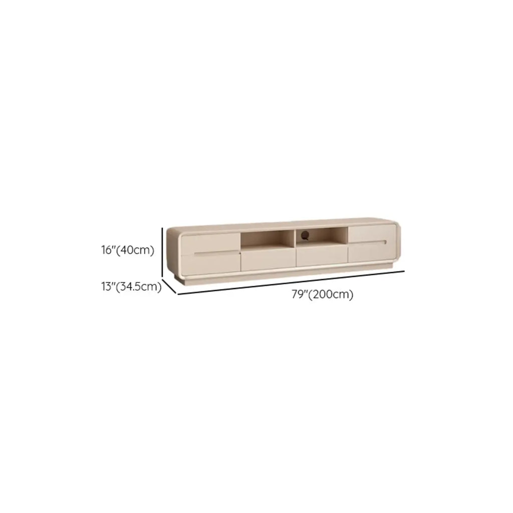 Meuble TV minimaliste en bois blanc avec rangements ouverts et tiroirs