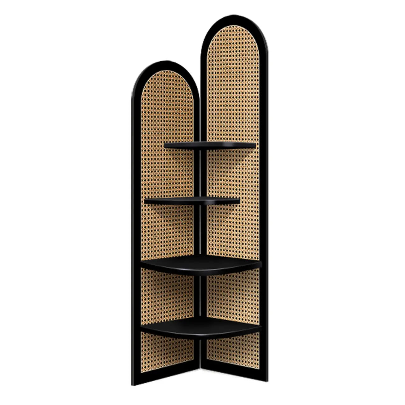 Élégante vitrine d'angle ouverte en osier et bois noir
