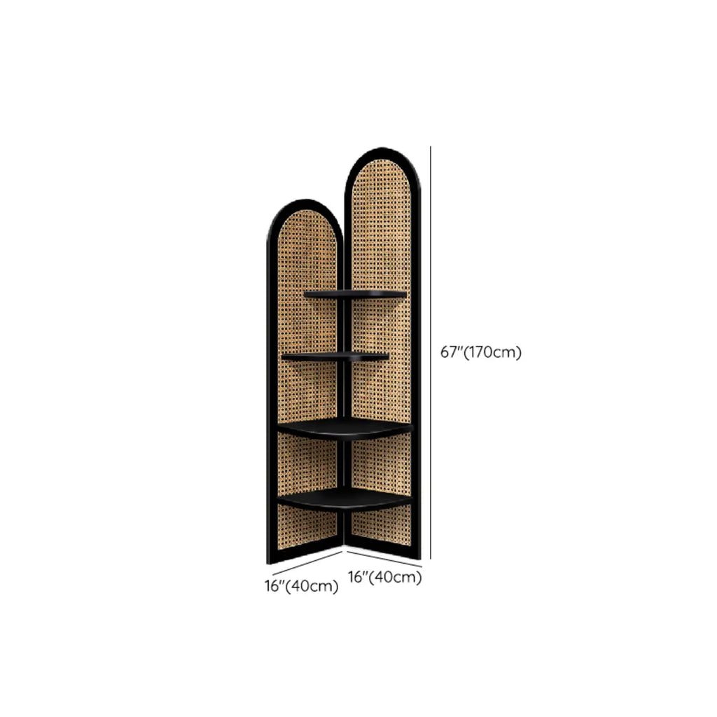 Élégante vitrine d'angle ouverte en osier et bois noir