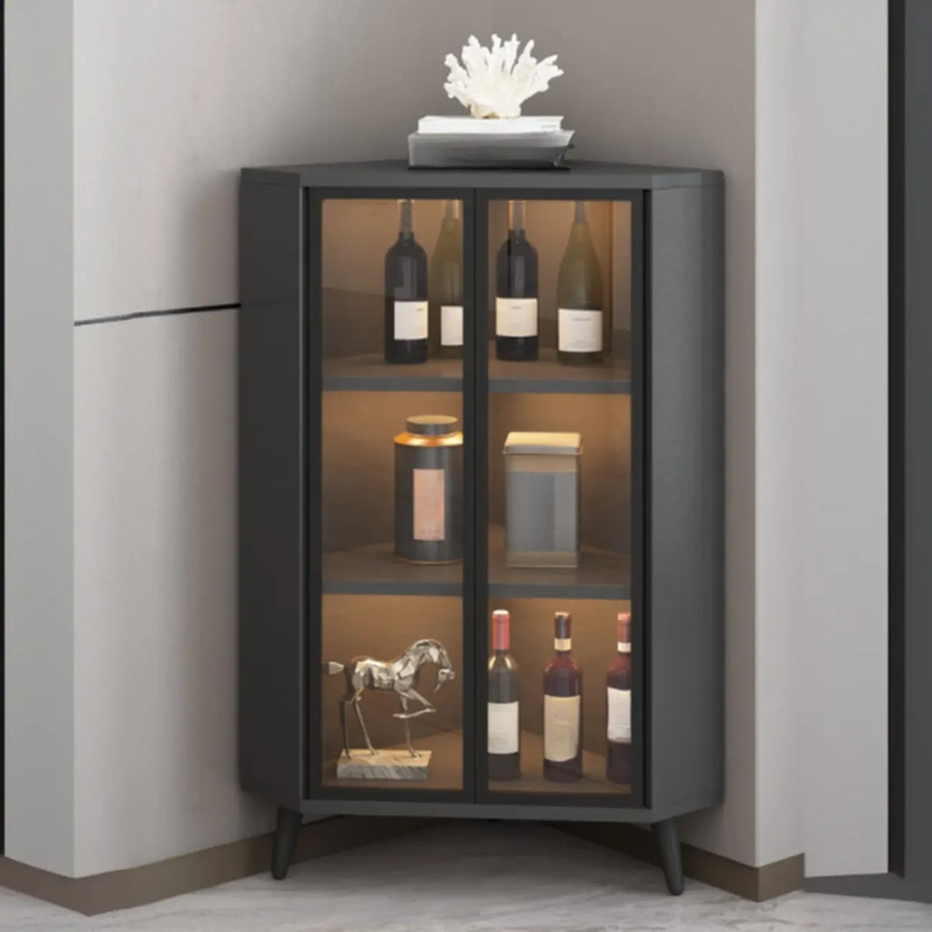 Vitrine d'angle moderne en bois gris et porte en verre doré