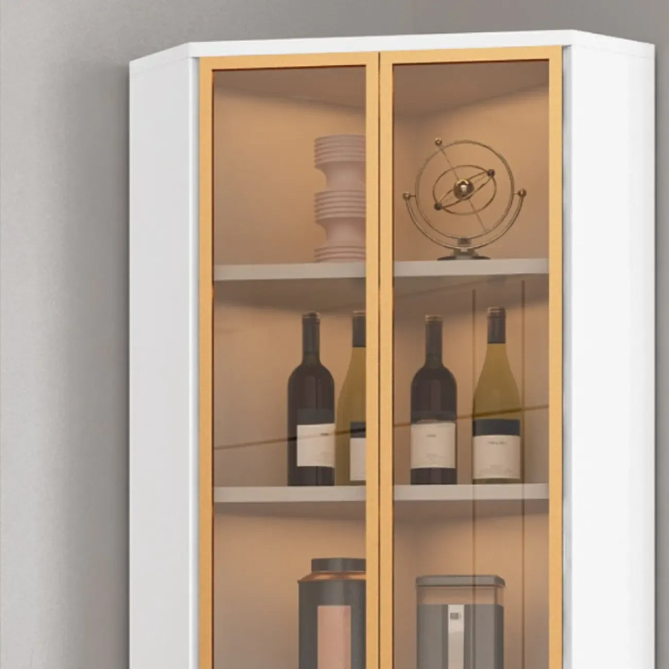 Vitrine d'angle moderne en bois gris et porte en verre doré