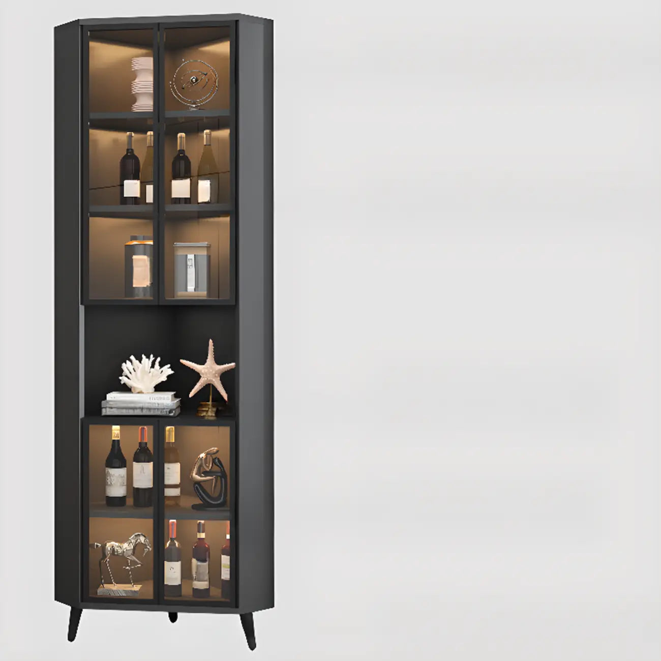 Vitrine d'angle moderne en bois gris et porte en verre doré