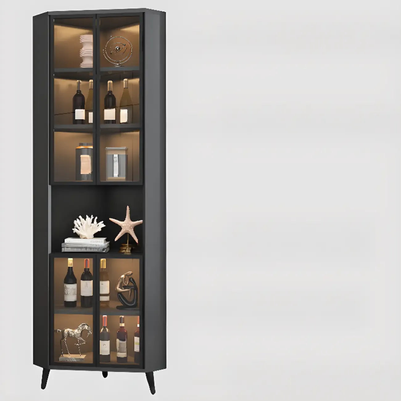 Vitrine d'angle moderne en bois gris et porte en verre doré