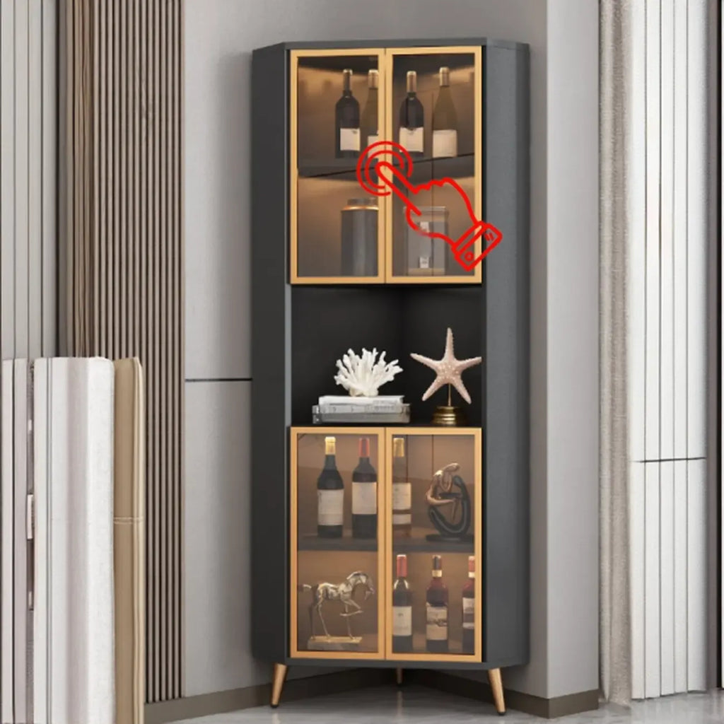 Vitrine d'angle moderne en bois gris et porte en verre doré