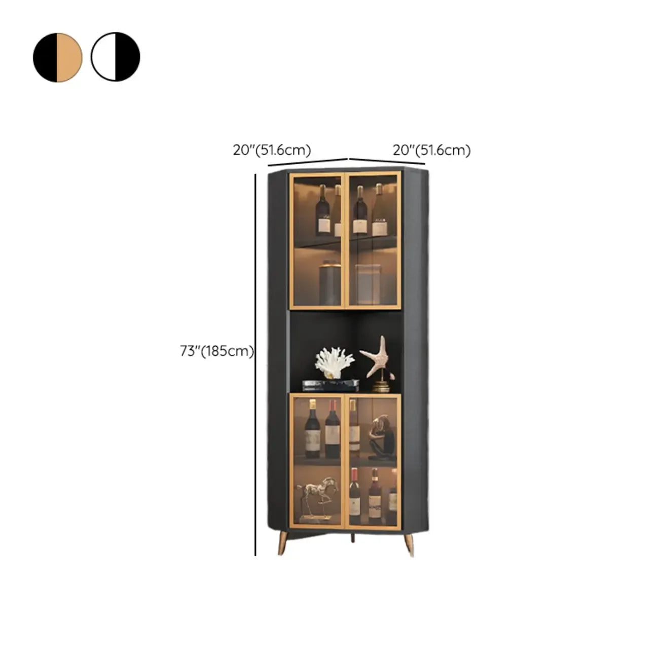 Vitrine d'angle moderne en bois gris et porte en verre doré