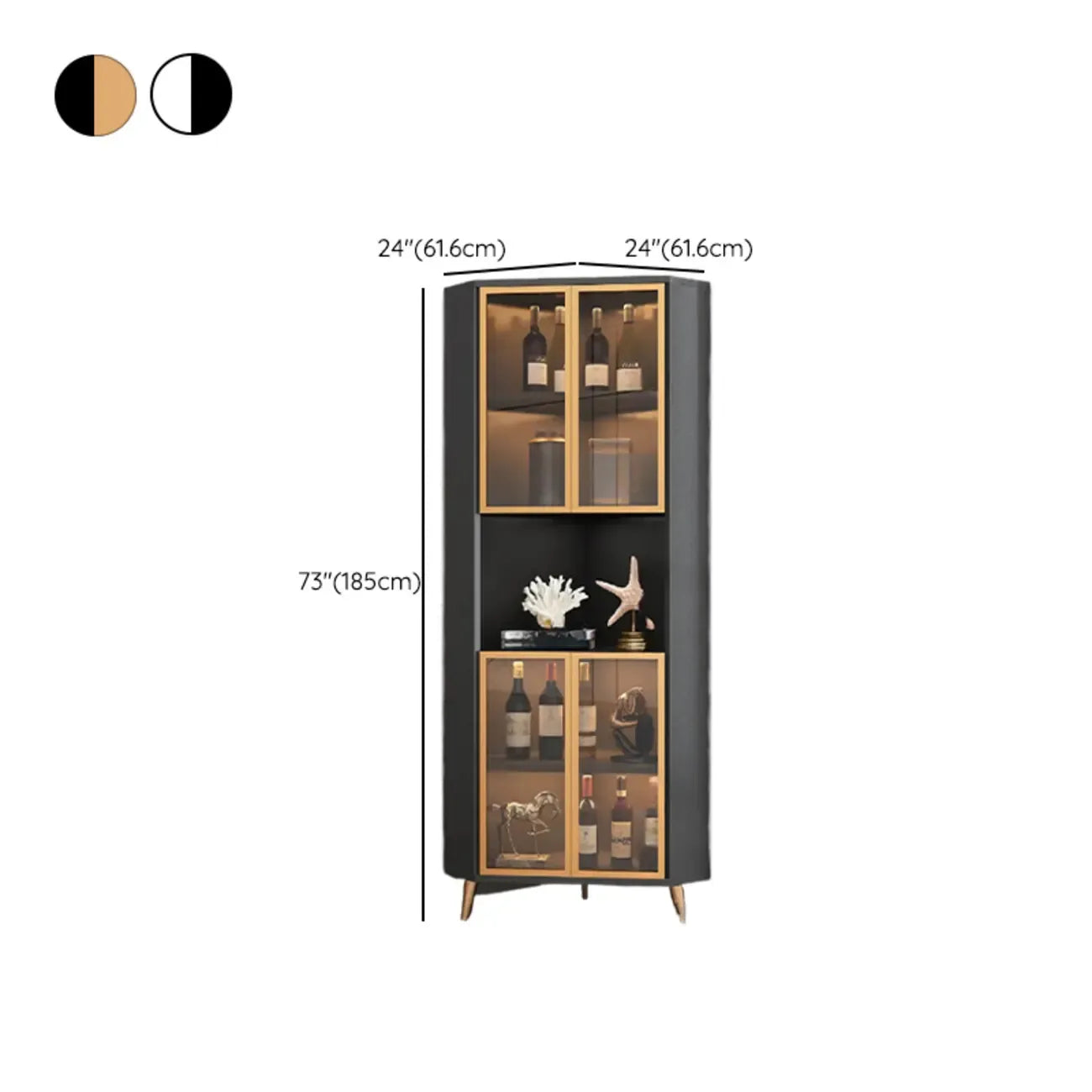 Vitrine d'angle moderne en bois gris et porte en verre doré