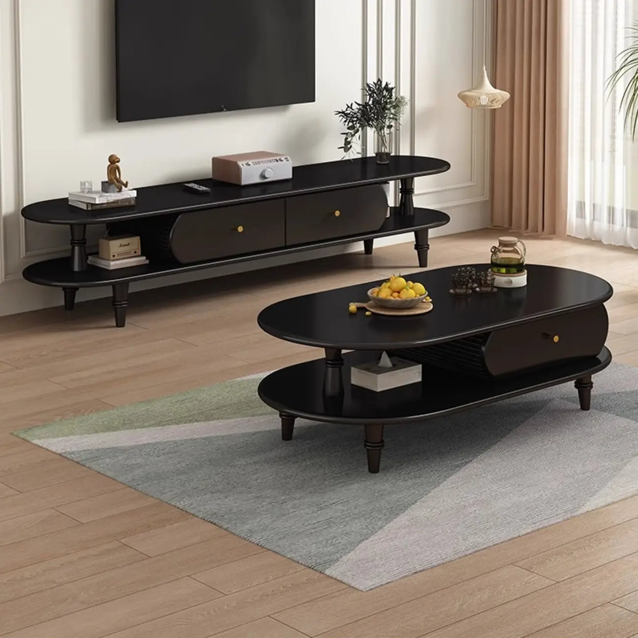 Mobile TV 3 ripiani 71 ovale nero in legno con cassetti contenitore