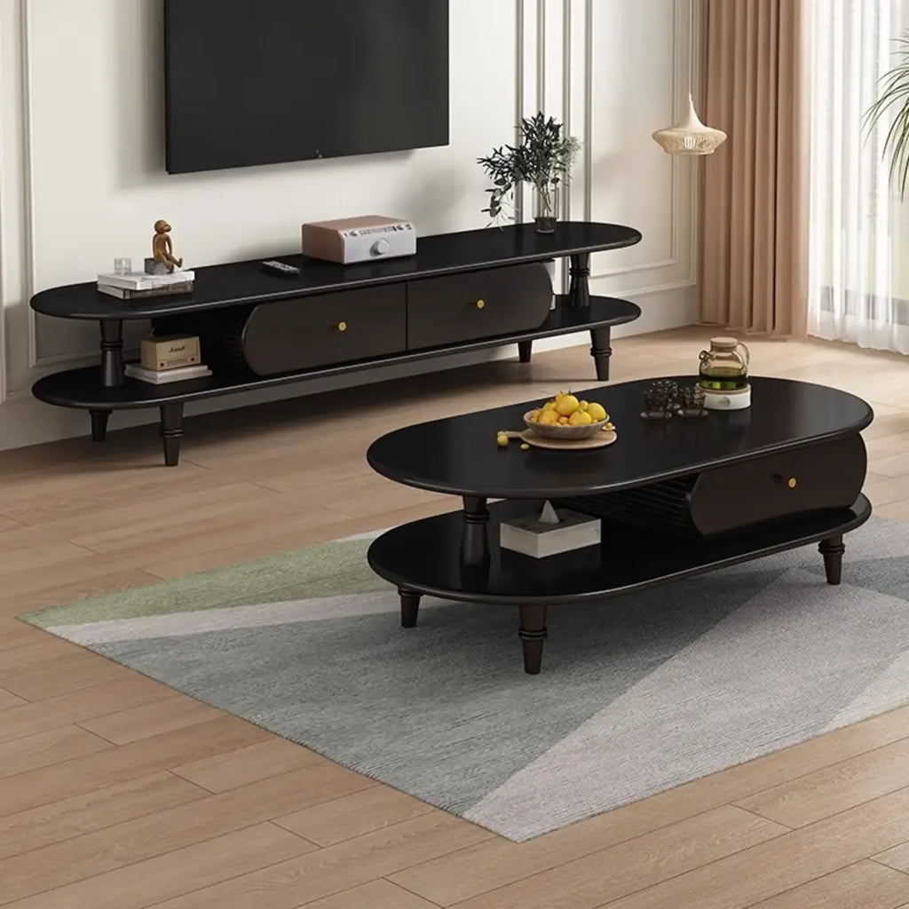 Mobile TV 3 ripiani 71 ovale nero in legno con cassetti contenitore