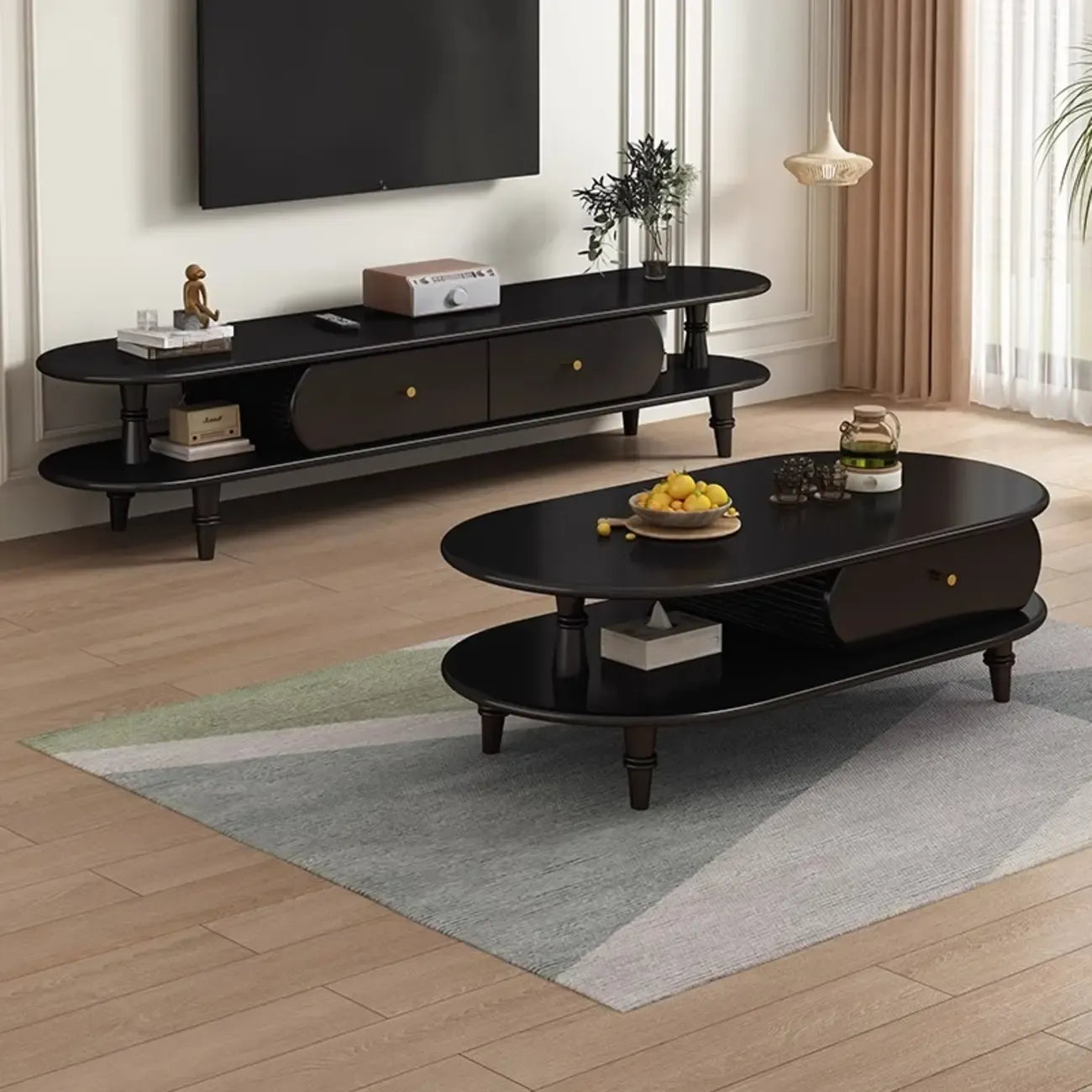 Mobile TV 3 ripiani 71 ovale nero in legno con cassetti contenitore