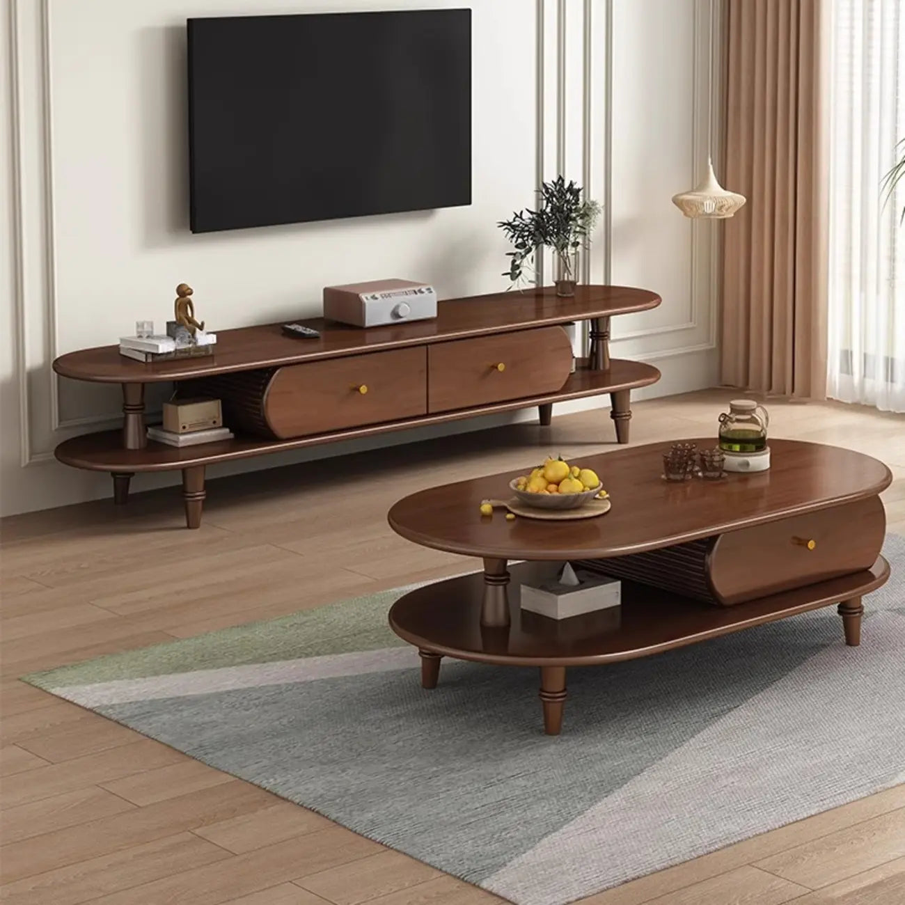 Mobile TV 3 ripiani 71 ovale nero in legno con cassetti contenitore