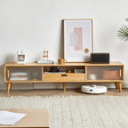 Meuble TV en bois naturel avec porte coulissante en verre et tiroirs (55 pouces)