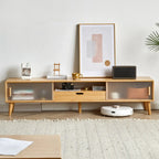 Meuble TV en bois naturel avec porte coulissante en verre et tiroirs (55 pouces)