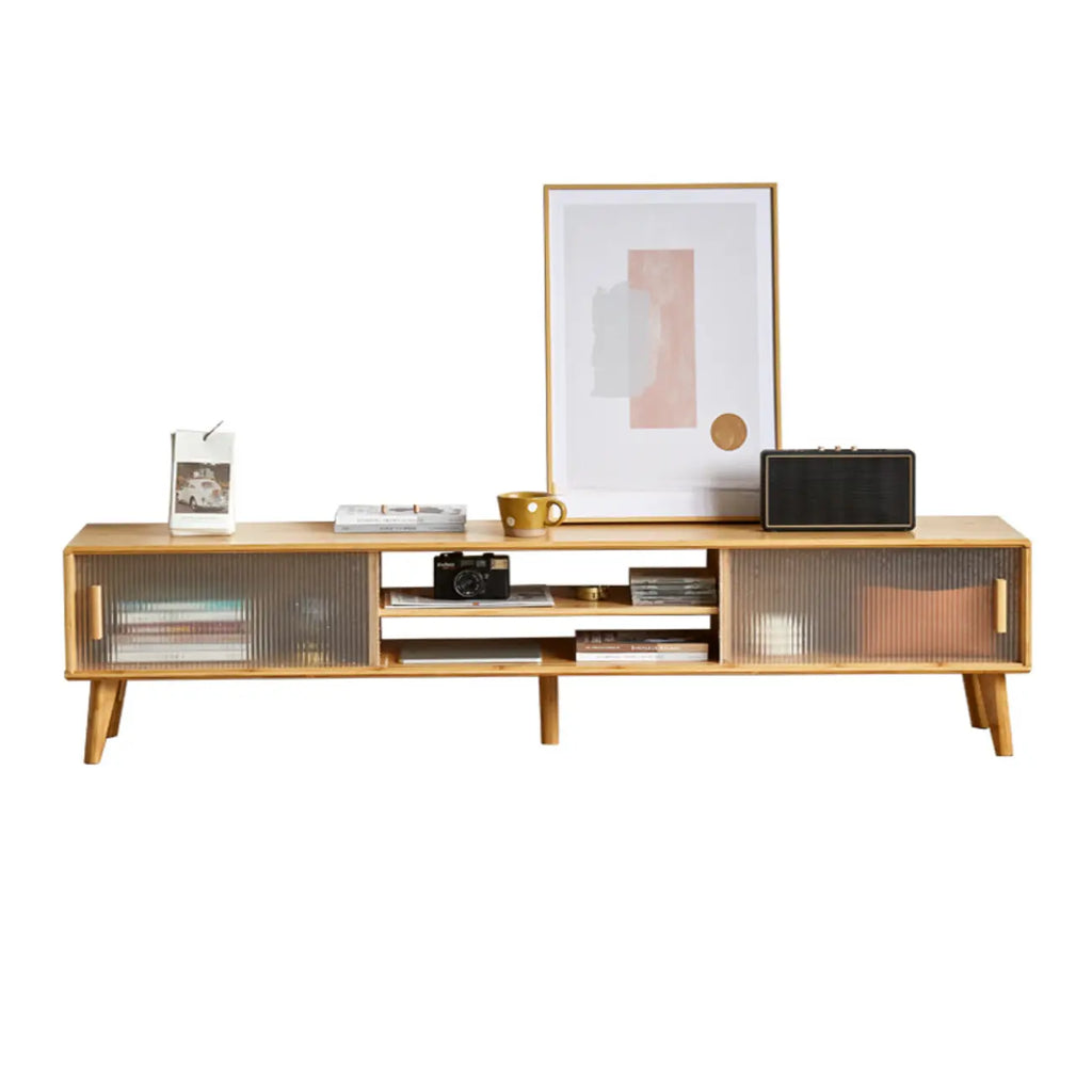 Meuble TV en bois naturel avec porte coulissante en verre et tiroirs (55 pouces)