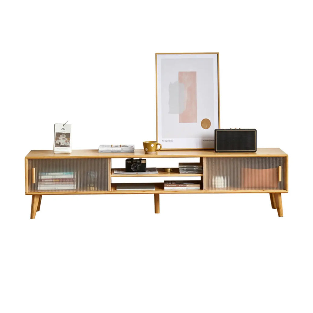 Meuble TV en bois naturel avec porte coulissante en verre et tiroirs (55 pouces)