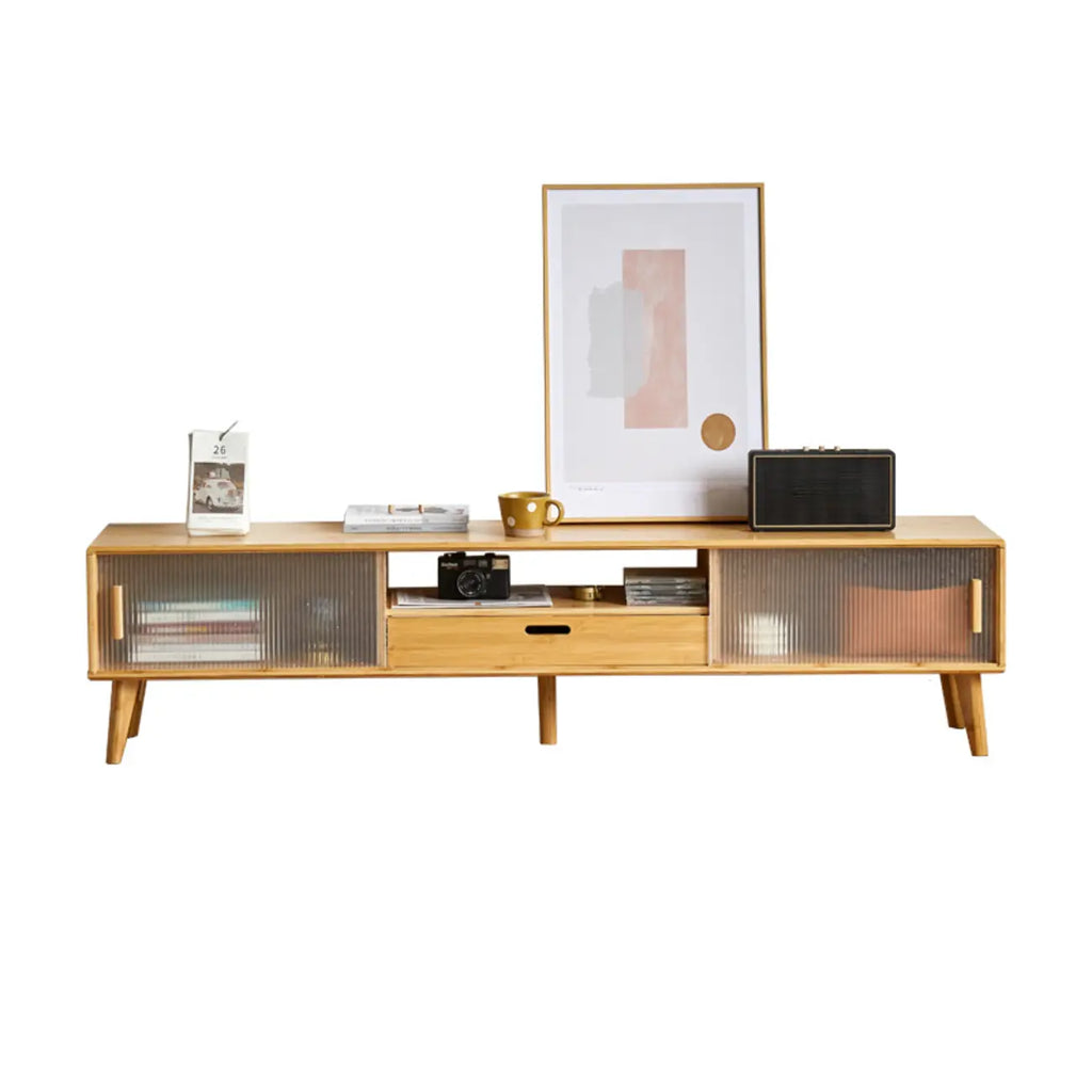 Meuble TV en bois naturel avec porte coulissante en verre et tiroirs (55 pouces)