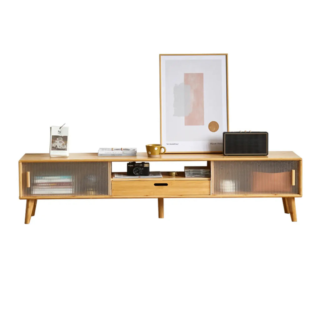 Meuble TV en bois naturel avec porte coulissante en verre et tiroirs (55 pouces)