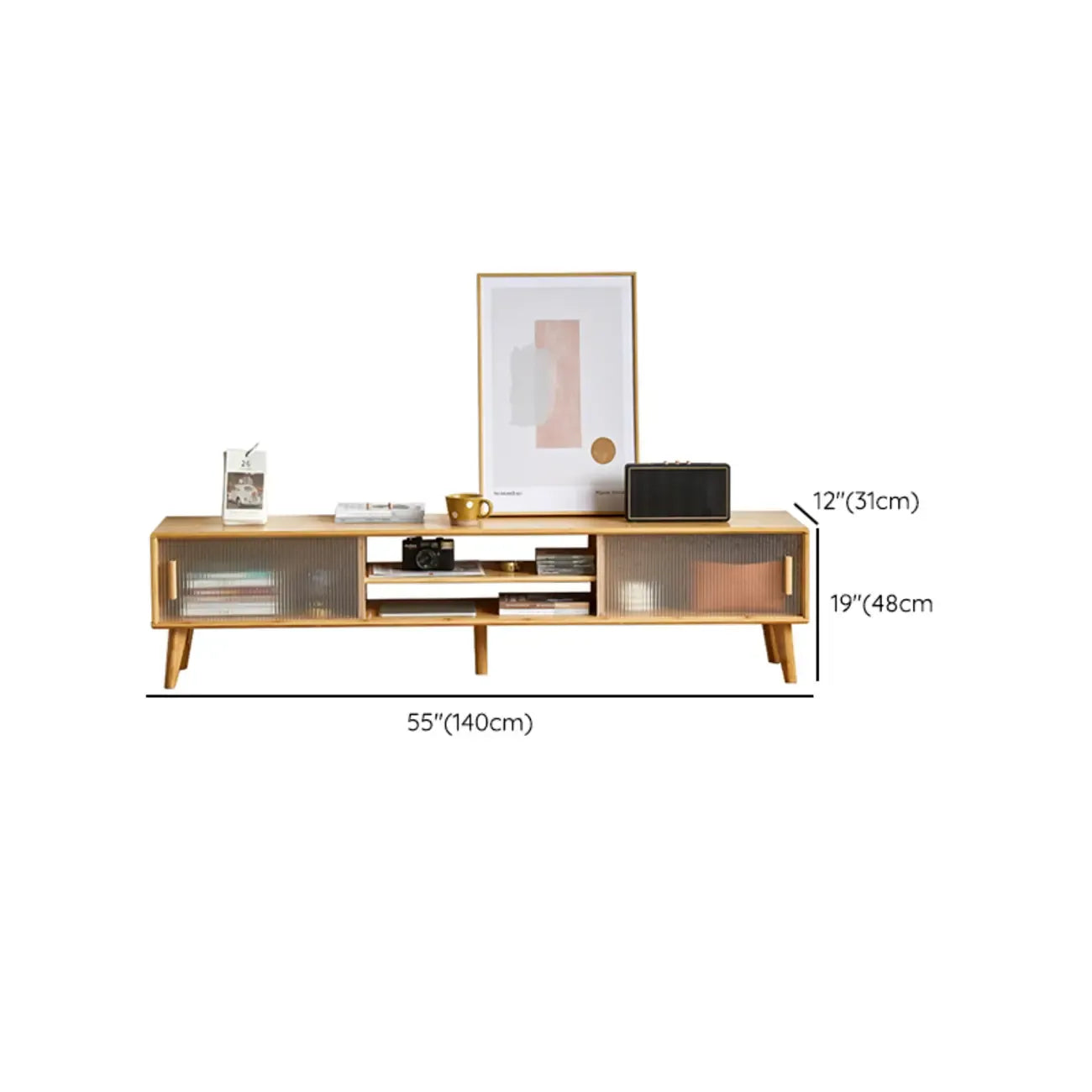 Meuble TV en bois naturel avec porte coulissante en verre et tiroirs (55 pouces)
