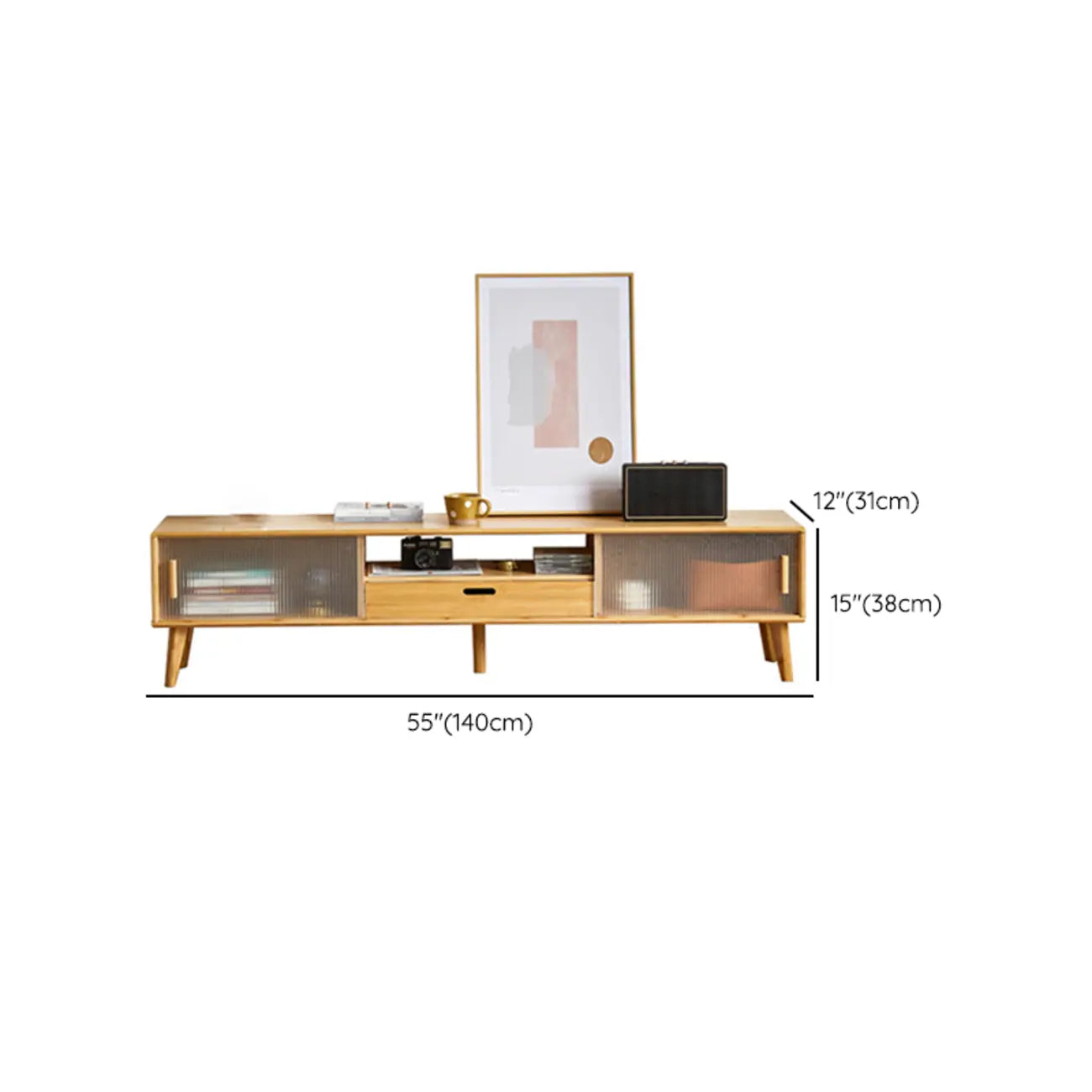 Meuble TV en bois naturel avec porte coulissante en verre et tiroirs (55 pouces)
